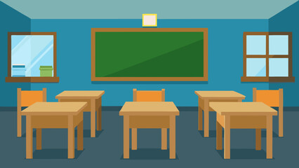 Empty Classroom with Wooden Desks and Chalkboard