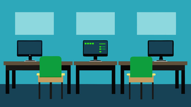 Empty Computer Lab with Coding Screens on Desks