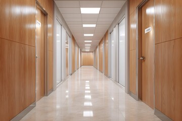 Modern corridor featuring wooden paneling, bright lighting, and multiple doors on either side, creating a spacious and inviting atmosphere for office or commercial use