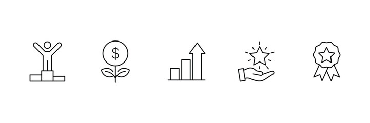 Success, achievement, growth, progress, reward, winner, business success, financial gain, leadership, excellence, improvement, inspiration, development icon set.