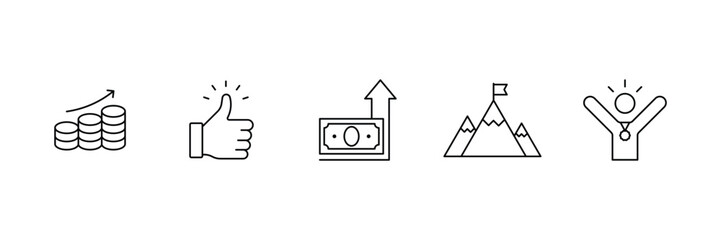 Financial growth, achievement, thumbs up, upward money, mountain goal, winner, medal success, rising wealth icon vector illustration.