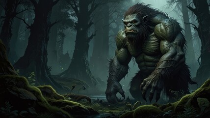 A colossal, hulking beast emerges from a shadowy, mysterious forest