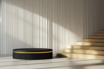 Elegant black and gold podium in a modern interior with wooden stairs.