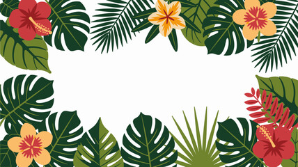Tropical paradise frame with vibrant hibiscus flowers and lush palm leaves perfect for summer promotions or exotic events invitations and creative designs