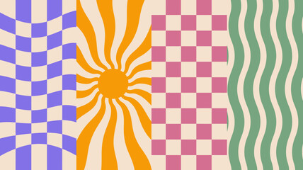 Retro groovy vibes with checkerboard sunshine and wavy lines for vibrant designs, modern posters, and nostalgic branding evoking peace and happiness