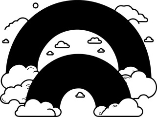 An illustration of a stylized rainbow, with a smaller rainbow inside, surrounded by clouds and a small star. The design is a bold, black-and-white graphic with clean lines.