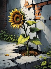 Twiling Wilting sunflowers Sunflower amid broken concrete and bricks.