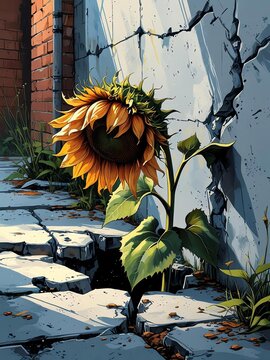 Twiling Wilting sunflowers Sunflower blooming through cracked concrete.