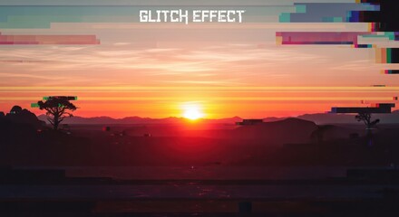 Sunset landscape with glitch effect and mountains