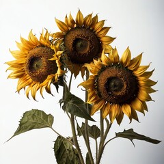 Twiling Wilting sunflowers Vibrant sunflowers against clear background.