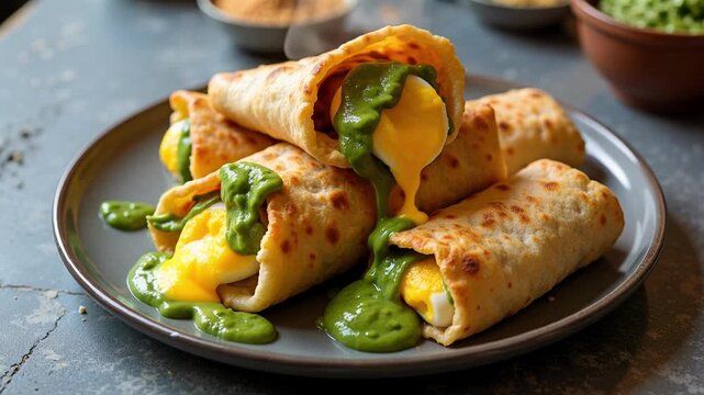 Savor Kolkata's Street Food Gem: Egg Roll Paratha with Green Chutney Freshly Made, A Culinary Delight with Warm Air Distortion Effect