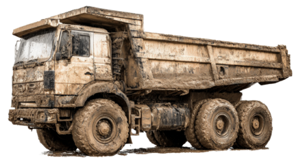 Dirty dump truck covered in soil and gravel stains background isolated on a Transparent background, PNG file.