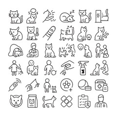 Line  icon illustrating common feline behavioral issues,treatments and consultation scenarios.Cat  © Sohale