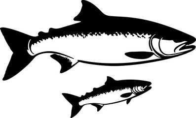 Pair of Salmon Fish Black Silhouette Vector Art: Detailed Graphic of Adult and Juvenile Fish. Ideal for Fishing Logos, Seafood Branding, Outdoor Sports Merchandise, or River and Wildlife Design