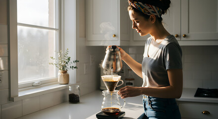 Woman Pouring Freshly Brewed Coffee in Sunny Kitchen