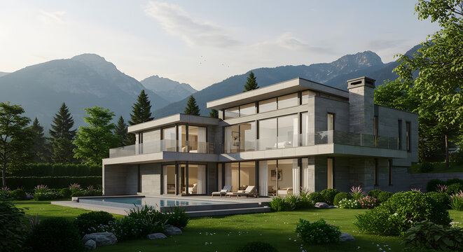 Modern mountain home with swimming pool and panoramic views of the Alps - Powered by Adobe