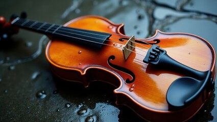 Fototapeta premium Close-up of a polished violin on a wet surface.