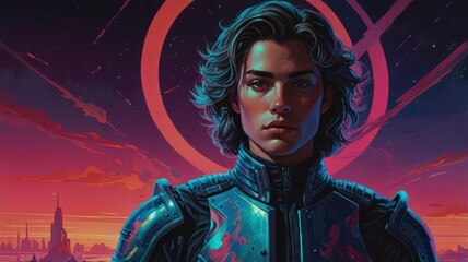 Fototapeta premium Futuristic figure in armor, stands before a city backdrop with a vibrant, starry sky