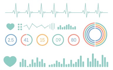 Heartbeat line graph and circular data charts electrocardiogram