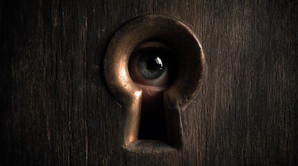 Spying Eye Through Old Keyhole – Creepy Surveillance Concept