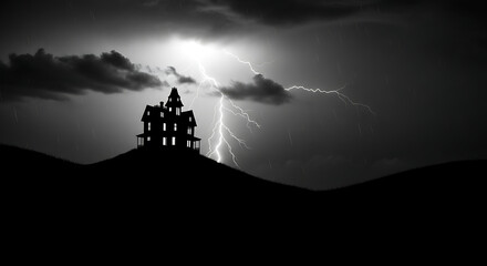 A spooky house silhouette on a hill with lightning striking in a dark and stormy black and white night ai generated