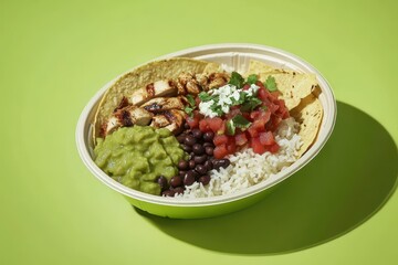 Colorful chicken bowl with rice, beans, salsa, and guacamole.