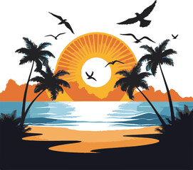 Vibrant Tropical Sunset Beach Landscape with Palm Tree Silhouettes, Ocean Reflection, and Flying Birds