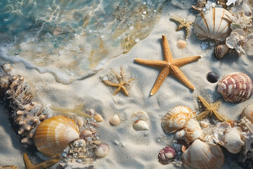 a starfish and shells on a sandy beach