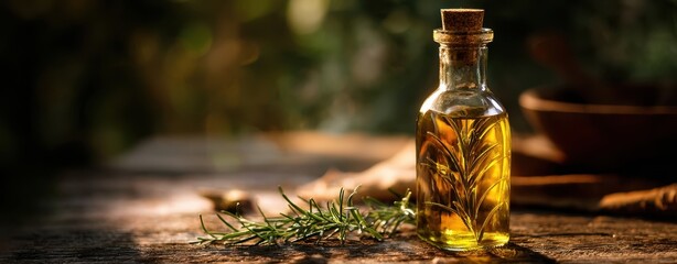The elegant bottle of infused rosemary oil on a rustic wooden table.