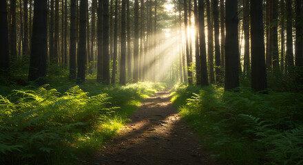 Fototapeta premium Sunlit Path Through Tranquil Forest Scene with Ferns and Towering Trees