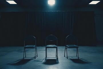 Three empty chairs in a dimly lit room.