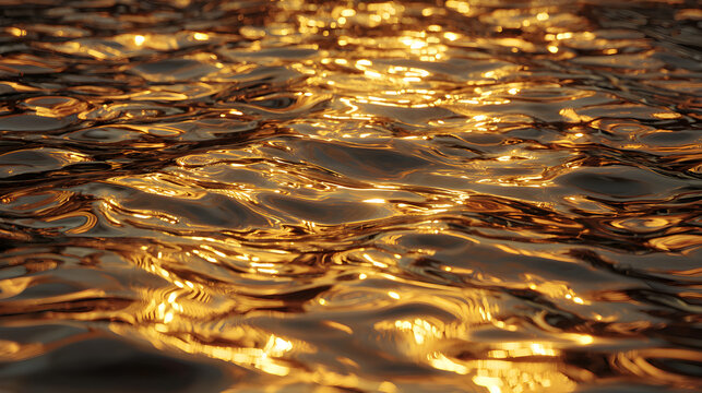 Vibrant Golden Reflections Dance on the Textured Surface of Moving Water at Sunset or Sunrise