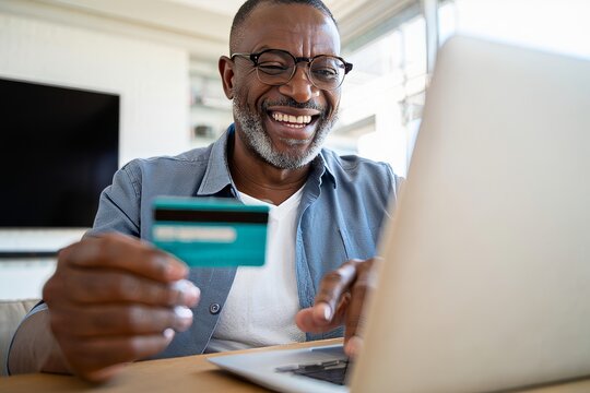 Happy african american man shopping online with credit card and laptop at home now