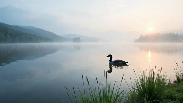 Peaceful Morning Mist Over Lake with Dewy Grass, Hear the Loon Call Before Sunrise, Capturing the Stillness, Serenity, and Tranquility