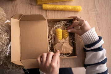 Candle DIY packing in gift box for crafting. Concept of hobbies and small business