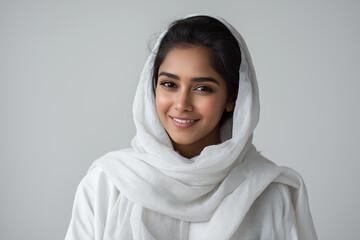 Elegant young Middle Eastern woman in a white hijab smiling confidently, isolated on transparent background, ideal for cultural, fashion, or lifestyle themes