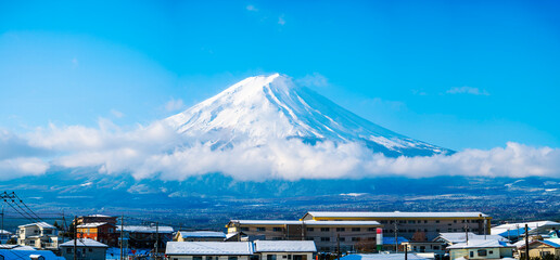 Majestic Mount Fuji with Clouds Seen from Kawaguchiko, Japan
