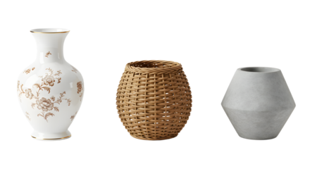 A collection of three decorative vases made of porcelain, wicker, and concrete, showcasing diverse textures and styles