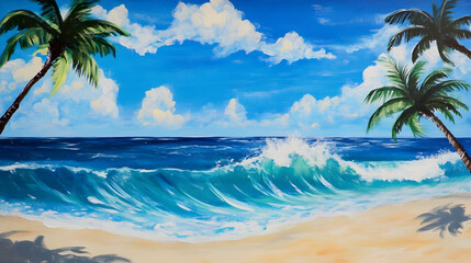 Naklejka premium Mural features rolling waves and palm trees on a sunny beach with beautiful clouds