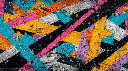 A vibrant graffiti wall features an abstract geometric pattern of colorful spraypainted lines and shapes
