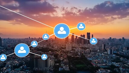 Urban skyline at sunset with digital connectivity icons depicting social interactions and networks - Powered by Adobe