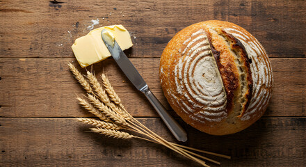 Artisan Sourdough Bread with Butter and Wheat