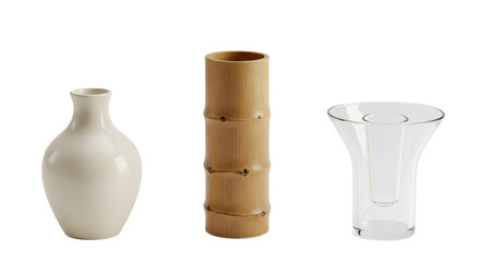 A collection of three unique vases a white ceramic vase, a bamboo vase, and a clear glass vase, set against a minimalist backdrop