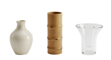 A collection of three unique vases a white ceramic vase, a bamboo vase, and a clear glass vase, set against a minimalist backdrop