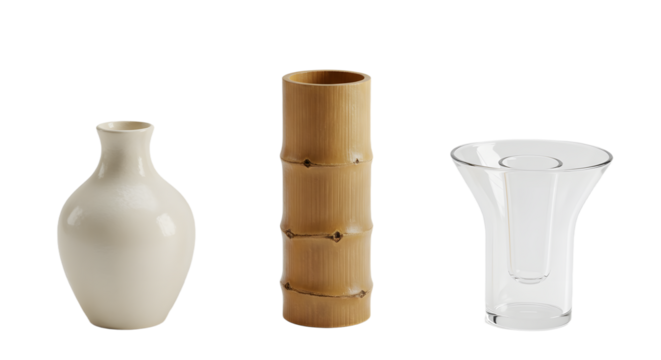 A collection of three unique vases a white ceramic vase, a bamboo vase, and a clear glass vase, set against a minimalist backdrop