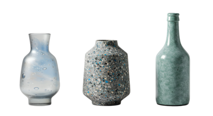A collection of three unique vases showcasing diverse textures and colors, set against a minimalistic background
