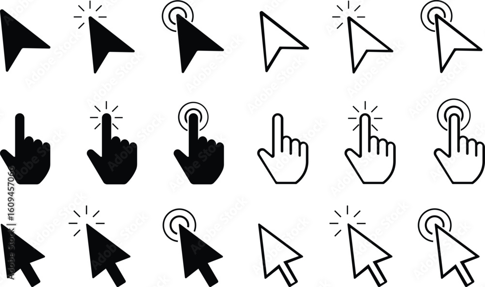 Fototapete Computer Cursors Mouse Click Pointer Icon Set and Computer Computer Mouse, Arrow Symbol, Icon Symbol, Computer Graphic, E-commerce Cursor icon click Outline and Solid Styles Easily editable Eps 10