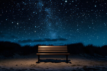 Obraz premium a bench sitting on top of a sandy beach under a night sky