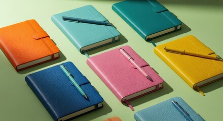 Colorful collection of journals and matching pens arranged artistically on a soft green backdrop