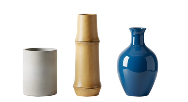 Three decorative vases in varying shapes and colors placed on a clean surface, showcasing modern design aesthetics